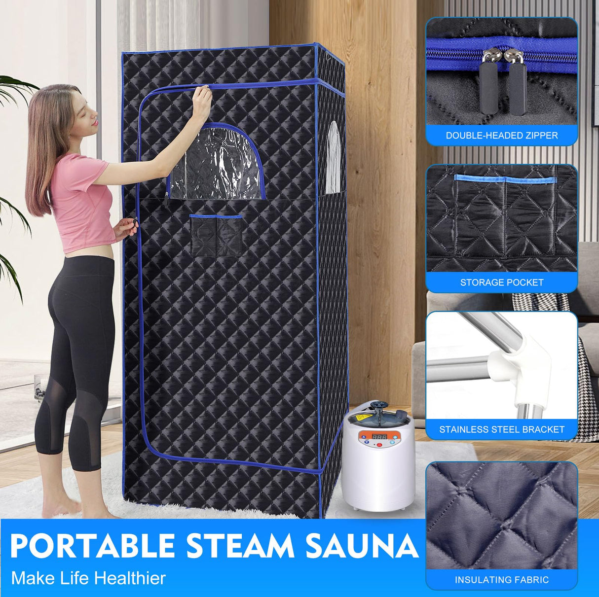 Portable Sauna Box,Steam Sauna Tent for Home Spa,Large Space Personal Home Sauna Tent Full Body with 3 L 1100 w Steamer,Chair,Foot Massager,Remote Control Included (Black) Linego