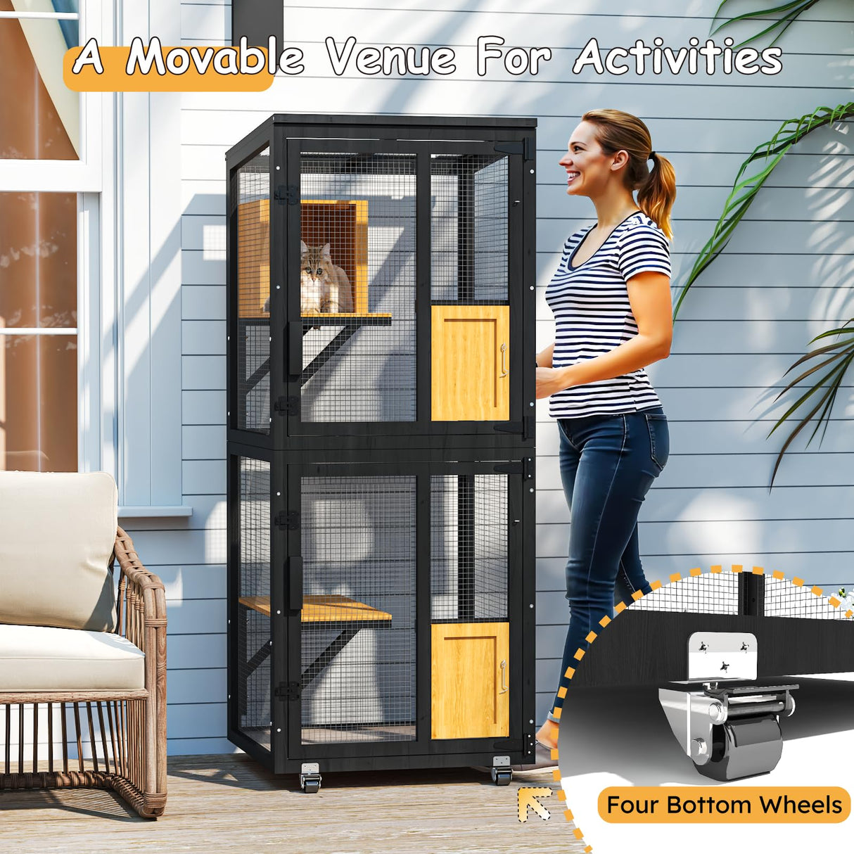 TRYKERPET 4 Tiers Catio Outdoor Cat Enclosure, Outdoor Cats House with 4 Wheels, Cat Enclosure Window Access with Removable Floor, Upgraded Resting Box, Waterproof Roof, Wooden Indoor Pet Cage, Black TRYKERPET