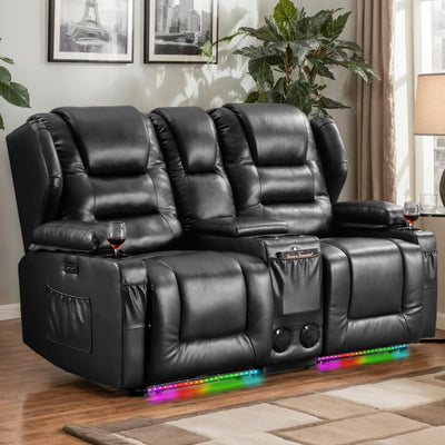 DRMBOOK RV Power Loveseat Recliner Sofa, Faux Leather Double Wall Hugger Reclining Sofa with Console, Home Theater Seating Chair with Cup Holders, 2 Person Couch RV Furniture for Living Room, Black