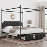 Keyluv King Upholstered Canopy Bed Frame with 3 Drawers and Button Tufted Headboard Metal Platform Bed with 4 Removable Posts Two-Purpose Velvet Bed No Box Spring Needed Dark Grey/Curtain Not Included Keyluv