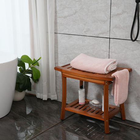 Utoplike Teak Shower Bench Seat with Handles, Portable Wooden Spa Bathing Stool with Storage Towel Shelf, 22" x 13" x 18.6", Perfect for Indoor and Outdoor Use Utoplike