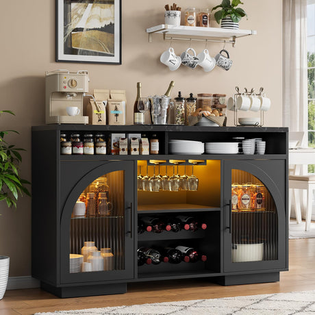 SOLACE FURNITURE Sideboard Buffet Cabinet, 54" Kitchen Cabinet with LED Lights & Arched Glass Doors, Tall Bar Cabinets with 2 Adjustable Shelves, Wine Rack & Storage Table for Dining Room, Black SOLACE FURNITURE