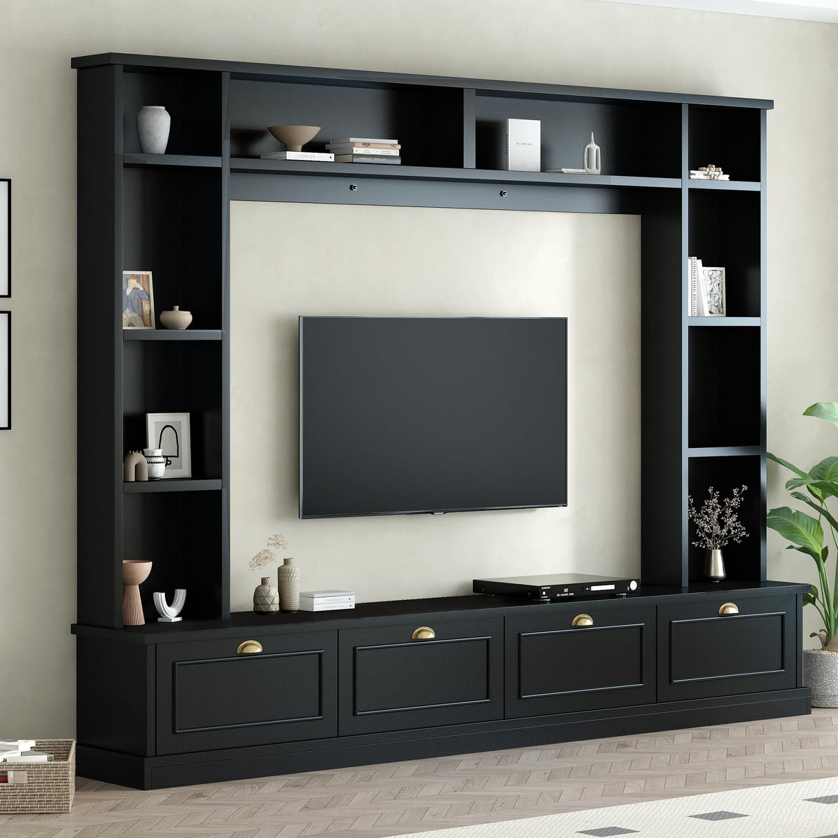Merax Large Wall Unit Entertainment Center with Bookshelves for Televisions Up to 78'', Modern 4-in-1 TV Stand with Cabinets, Open Shelves and Golden Handles, Black, 104.2''W*81.2''H Merax