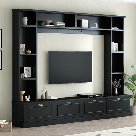 Merax Large Wall Unit Entertainment Center with Bookshelves for Televisions Up to 78'', Modern 4-in-1 TV Stand with Cabinets, Open Shelves and Golden Handles, Black, 104.2''W*81.2''H Merax