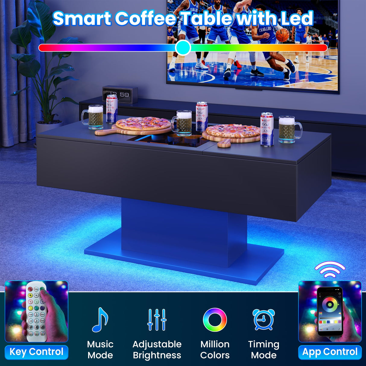 Seetech LED Coffee Table, 44" 3-Drawers Modern Coffee Table with Storage and Charging Station, for Living Room, Black Seetech