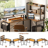Homieasy 47 Inch Reversible L Shaped Computer Desk with Bookshelf & LED Light in Rustic Brown Homieasy