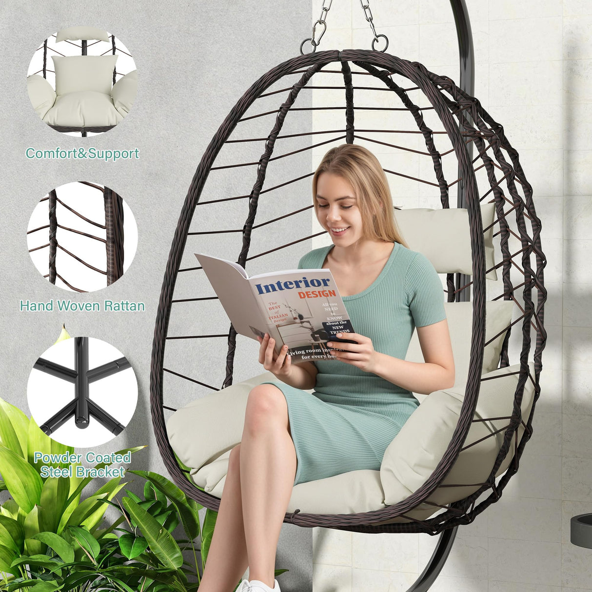 Hanging Egg Chair with Stand, Swinging Egg Chair Outdoor Indoor, Hanging Basket Chair with Cushion, Patio Wicker Hammock Chair 350lbs Capacity for Bedroom, Porch, Balcony, Backyard, Garden (Beige) LEX CRAFT
