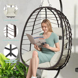 Hanging Egg Chair with Stand, Swinging Egg Chair Outdoor Indoor, Hanging Basket Chair with Cushion, Patio Wicker Hammock Chair 350lbs Capacity for Bedroom, Porch, Balcony, Backyard, Garden (Beige) LEX CRAFT