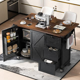 Farmhouse Kitchen Island with Power Outlet, Drop Leaf, Spice Rack and Drawer,Rolling Kitchen Cart on Wheels,Kitchen Storage Island for Home Dining Room (Black/p2) CKLMMC