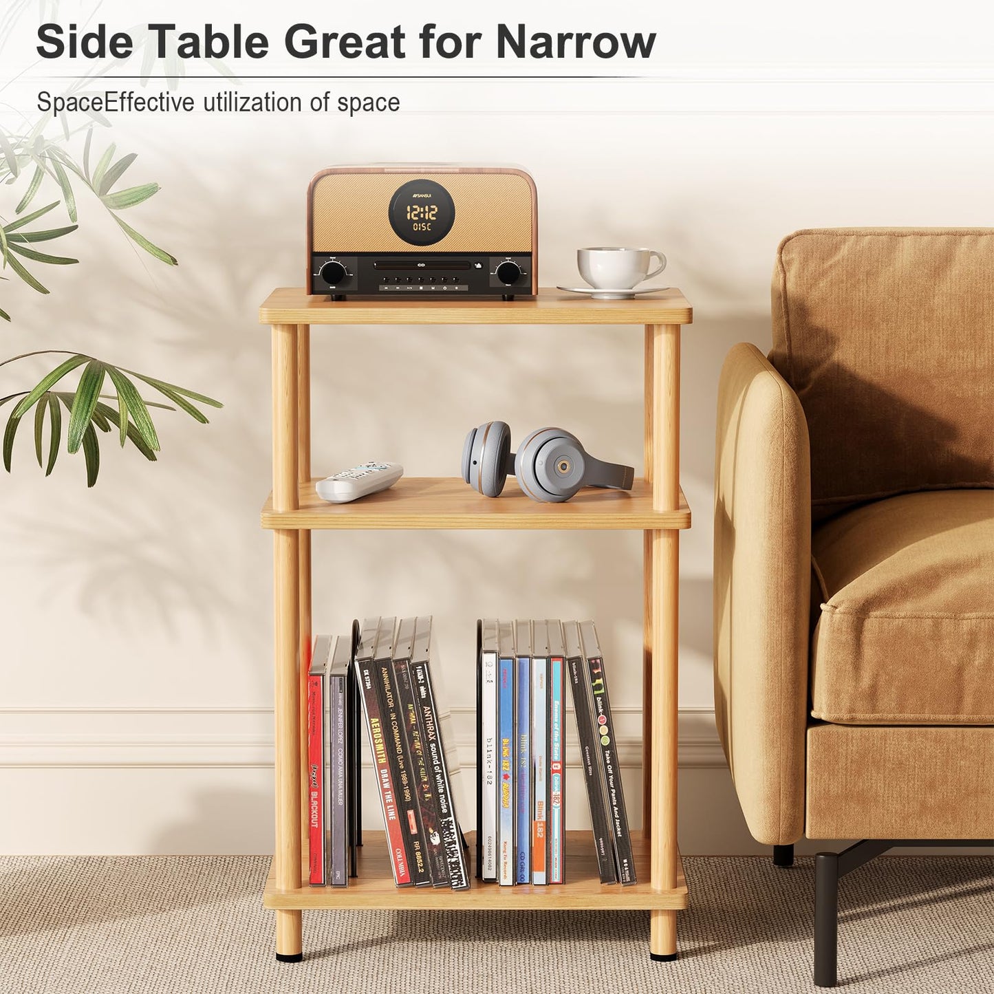 Apicizon Record Player Stand, 3-Tier End Table with Vinyl Record Storage Shelf, Wooden Record Player Table with Adjustable Holder, Small Turntable Stand for Living Room, Bedroom, Natural