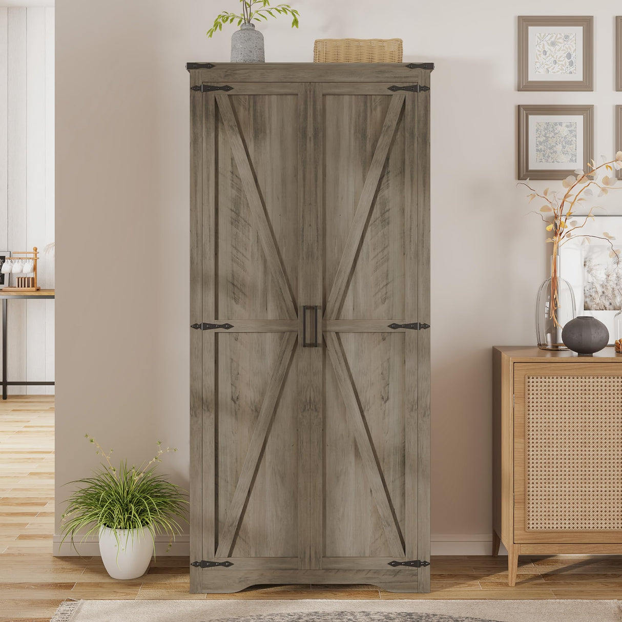 Befrases Farmhouse Rustic Grey Storage Cabinet with Adjustable Shelves, Large Pantry Organize with 2 Barn Doors, Tall Freestanding Cabinet for Kitchen, Bathroom/Garage/Basement/Living/Utility Room Befrases