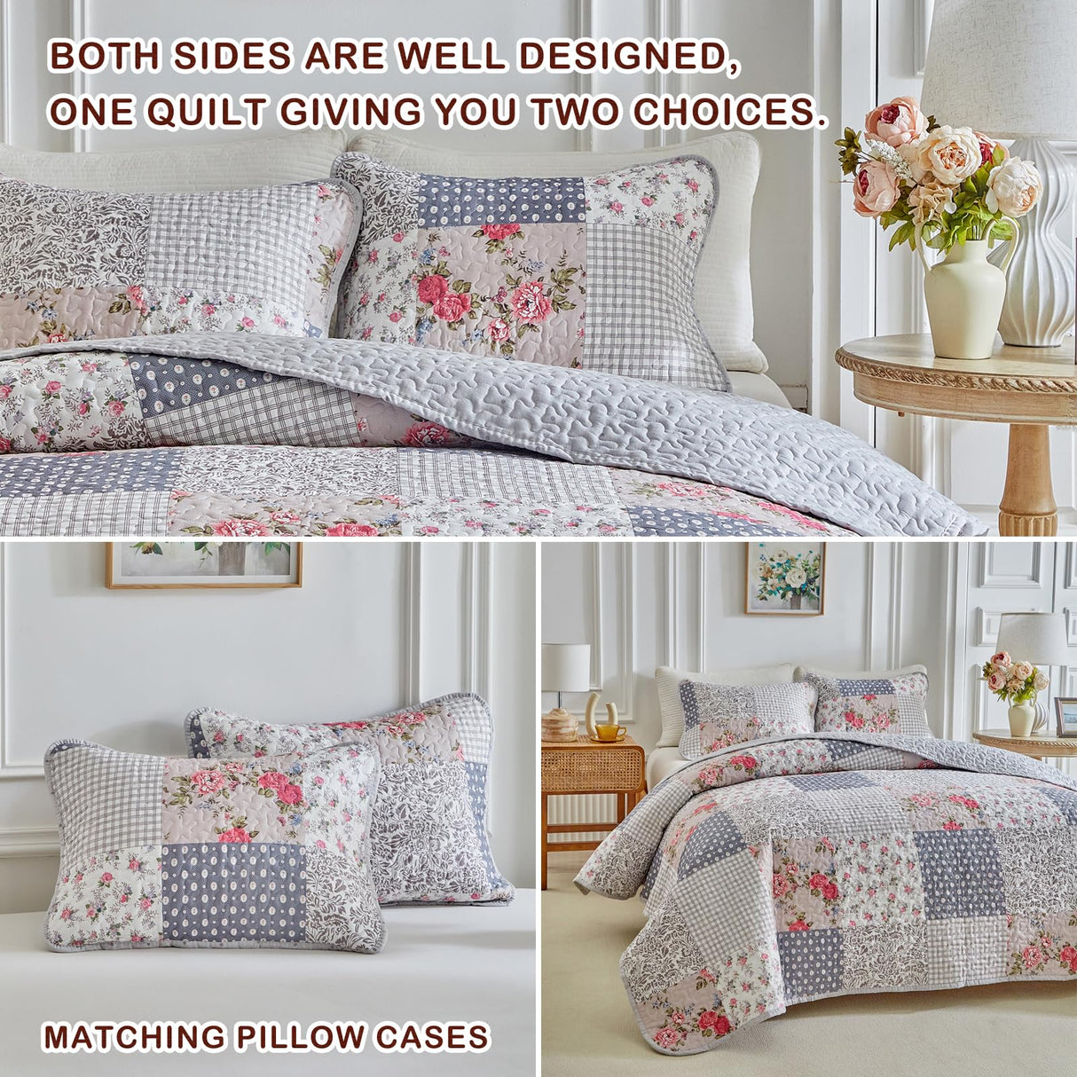 Joyreap Floral Cotton Quilt Set, Neutral Flowers Grid Patchwork Design, 3 Pieces Queen Size Quilt Bedding Set, Farmhouse Countryside Bedspread Bed Cover for All Season- 90x90 inches Joyreap