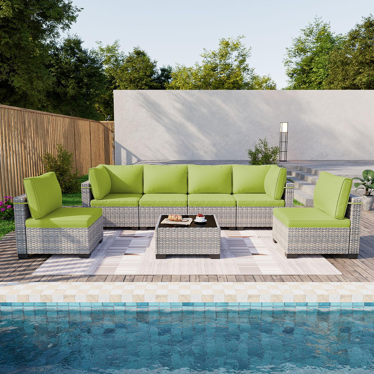 Sweecci 7-Piece Patio Furniture Set, Outdoor Sectional with Thick Cushions, Modular Patio Sofa, Dual-Strand Wicker Rattan, Rust-Resistant Frame, Backyard Furniture for Garden, Deck, Grass Green Sweecci