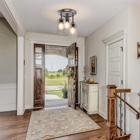 Kalium 3-Lights Semi Flush Mount Ceiling Light Fixture, Matte Black Light Fixtures, Ceiling Light for Kitchen, Foyer, Entryway, Farmhouse, Home Decor, Clear Glass Shade. Kalium