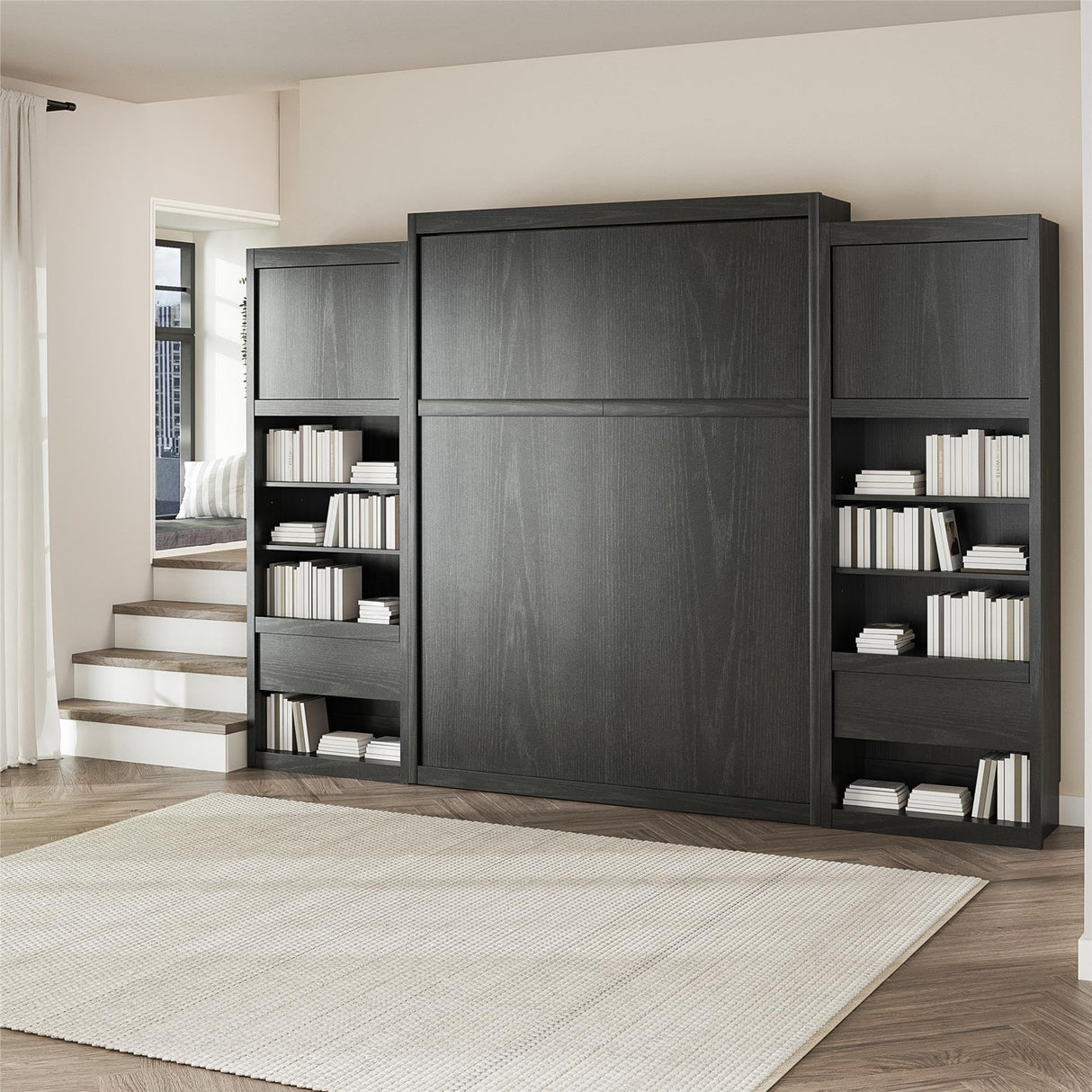 REALROOMS Halstead Queen Size Murphy Bed with 2 Nightstand Cabinets, Space-Saving Fold-Out Wall Bed with Open Shelving and Concealed Storage for Bedroom or Guest Room, Black Oak REALROOMS