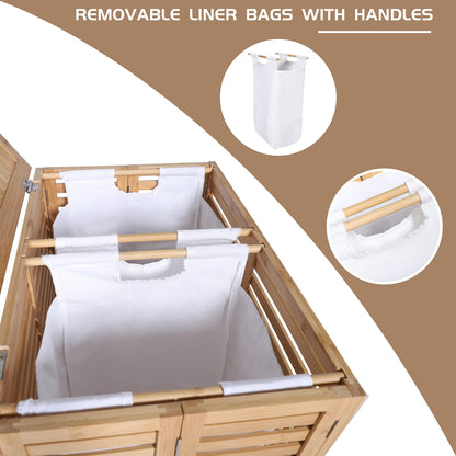 VEIKOU Hamper with Lid, Bamboo Laundry Hamper 2 Compartment, Divider Dirty Clothes Hamper, 120L Large Foldable Laundry Hamper with Removable Liners Bags - WoodArtSupply