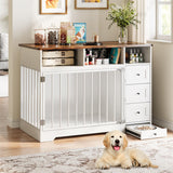 GarveeLife 48 Inch Large Dog Crate Furniture, Farmhouse Dog Kennel with Dog Bowl, 3 Drawers, 3 Open Drawers, Heavy Duty Dog Crate Table for Medium Small Dogs for Living Room, Entryway, White GarveeLife