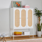 QEIUZON Wardrobe Closet, Rattan Freestanding Wardrobe Cabinet with Storage Cubes & Hanging Rod, Bedroom Armoire, 3-Doors-White QEIUZON