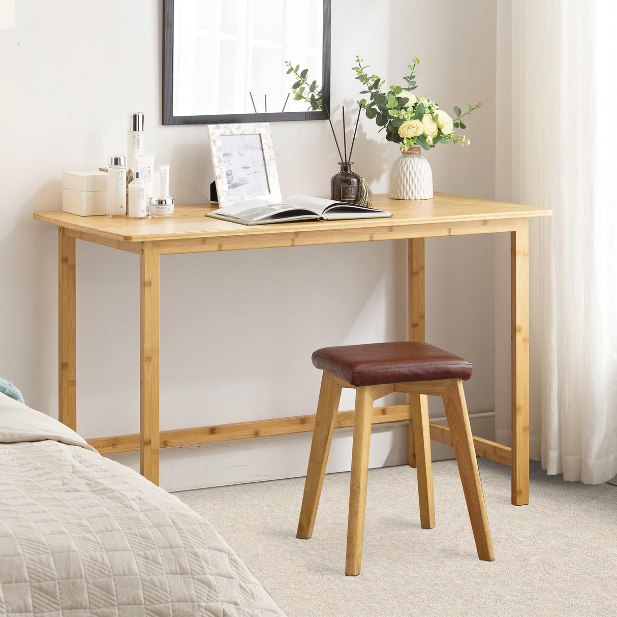 Nnewvante 47 Inch Computer Desk, Bamboo Writing Desk, Modern Simple Work Desk for Home Office Nnewvante