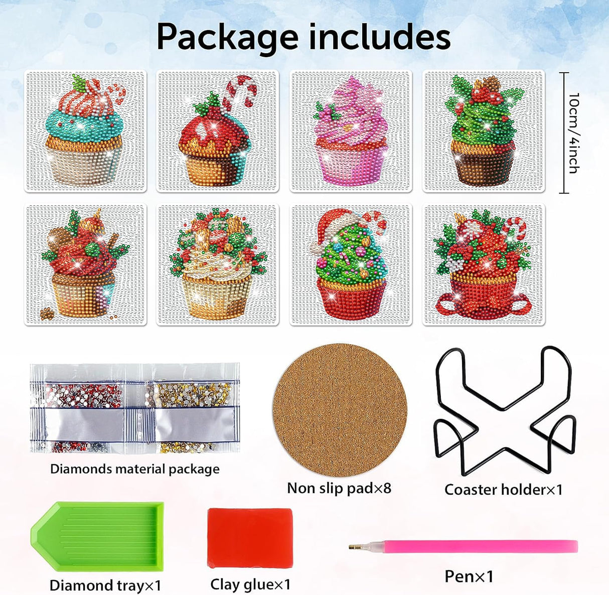 DIY Diamond Art Painting Fashion Coasters with Holder for Adults (Christmas Cupcake Coasters) YIMORE