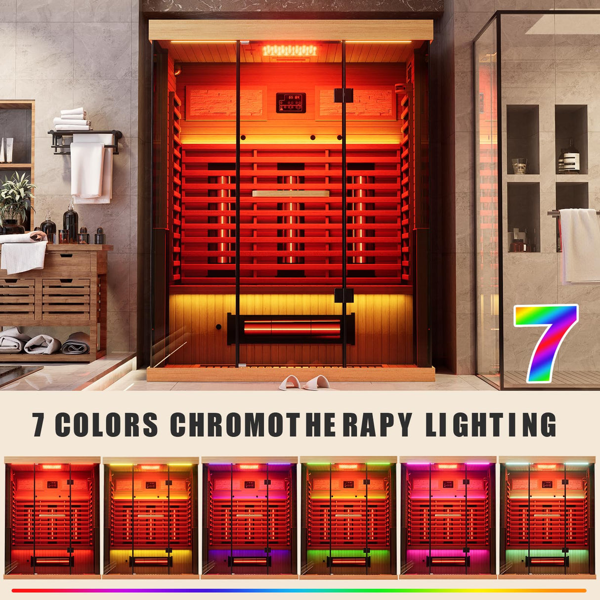 MEISSALIVVE Full Spectrum Infrared Sauna，2-3 Person Home Sauna，Wooden Canadian Hemlock Indoor Spa Sauna with Resonance Speaker, Panoramic Tempered Glass Door MEISSALIVVE