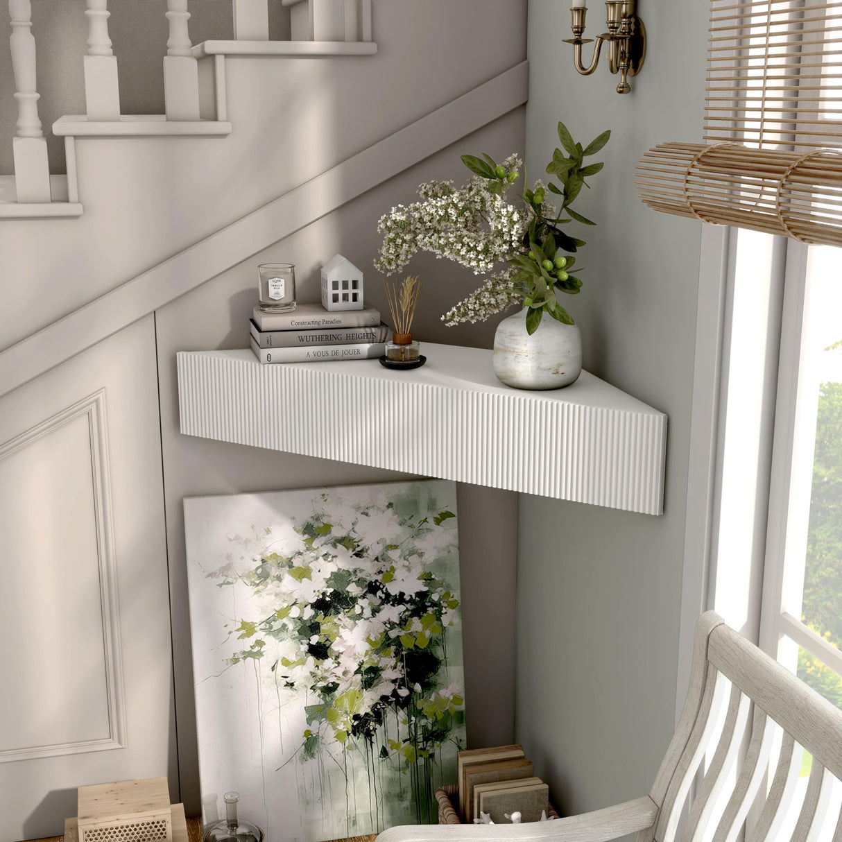 24/7 Shop at Home French 47 inch Modern Floating TV Console Table with 3D Wavy Panel Door, Wood Entertainment Center with Storage Space, Wall Corner Shelf for Living Room, Bedroom, Office, White Pure 24/7 Shop at Home