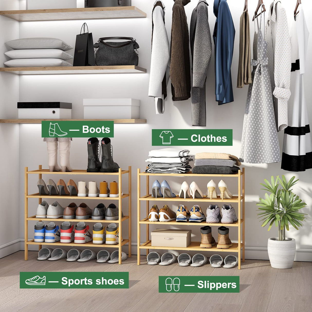 kiplant 4-Tier Shoe Rack for Entryway, Bamboo Wood Shoe Rack 4-Tier, Stackable Shoe Organizer for Closet, Free Standing Shoe Racks for Indoor & Outdoor kiplant