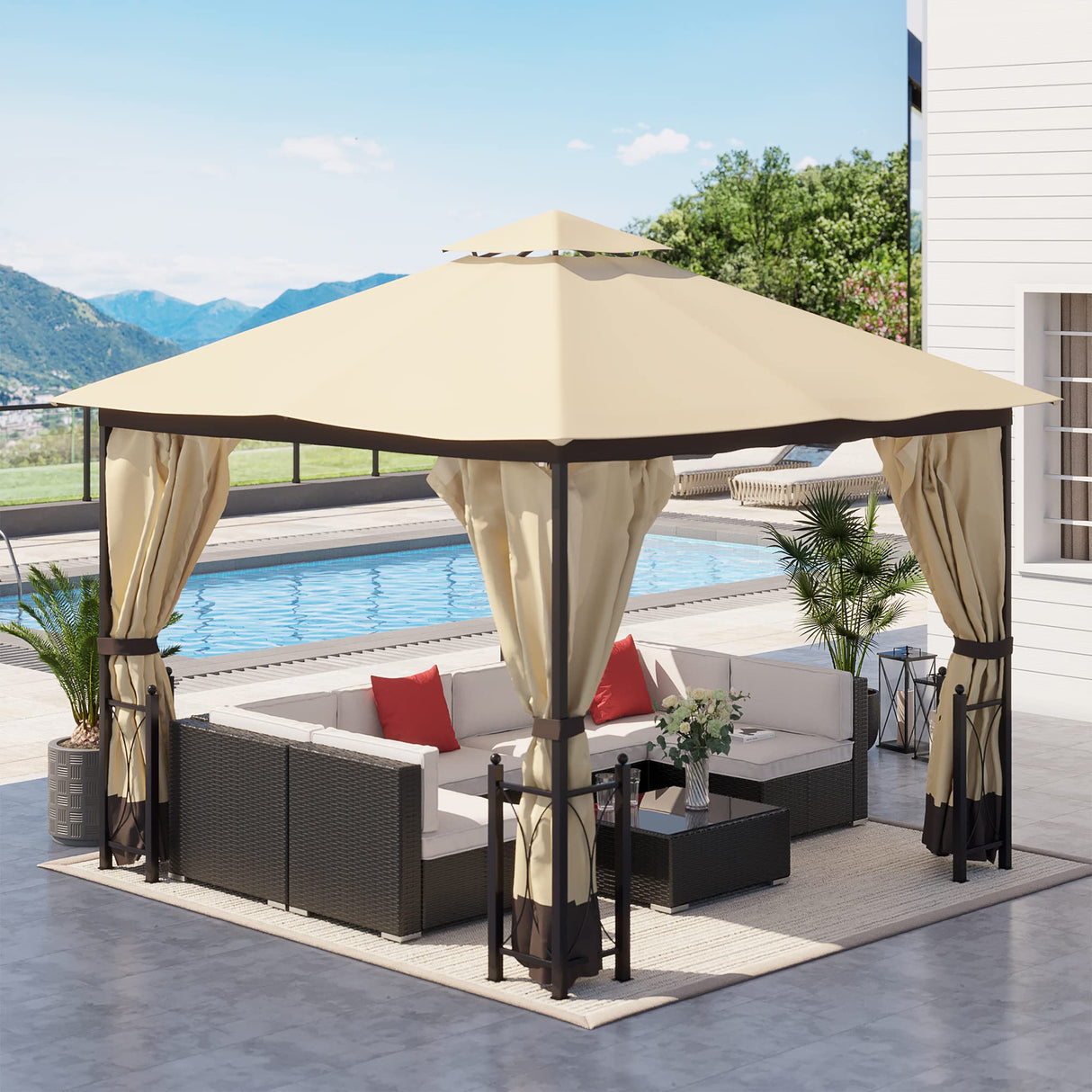 Outsunny 11' x 13' Patio Gazebo, Double Roof Outdoor Gazebo Canopy Shelter with Netting & Curtains, Steel Corner Columns for Garden, Lawn, Backyard and Deck, Beige Outsunny