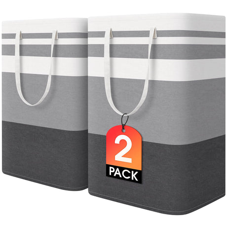 HomeHacks 2 Pack Large Laundry Baskets, Waterproof, Freestanding Laundry Hampers, Collapsible Clothes Hamper with Reinforced Handles in Laundry Room, College Dorm, Bathroom, Bedroom (Grey, 75Lx2) HomeHacks