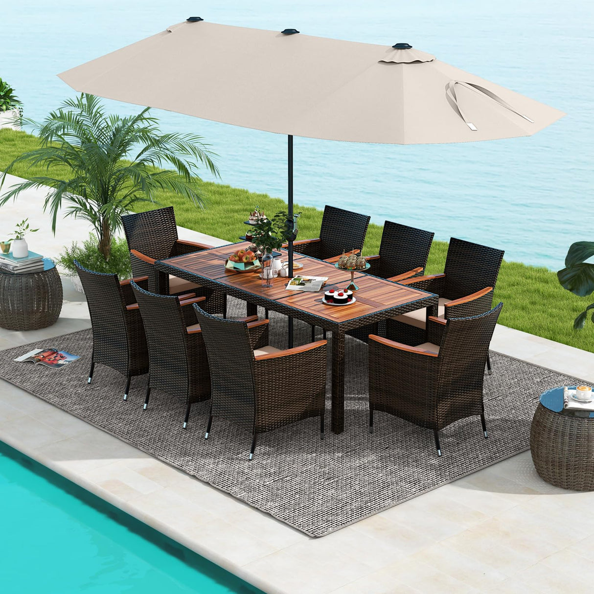 Tangkula 11 Pieces Patio Dining Set with 15ft Double-Sided LED Patio Umbrella (Base Included), Outdoor Rattan Furniture Set with 8 Stackable Chairs, Acacia Wood Dining Table and Umbrella (Beige) Tangkula