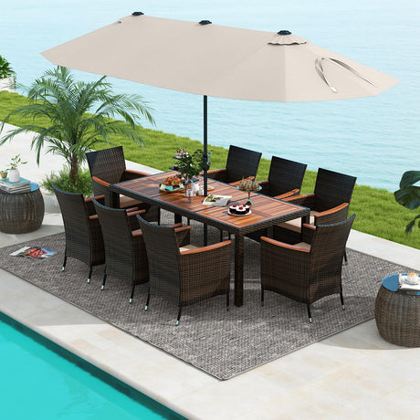 Tangkula 11 Pieces Patio Dining Set with 15ft Double-Sided LED Patio Umbrella (Base Included), Outdoor Rattan Furniture Set with 8 Stackable Chairs, Acacia Wood Dining Table and Umbrella (Beige) Tangkula