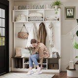 Apeaka Hall Tree with Bench and Storage, Farmhouse 75" H Tall Hall Tree Wood Entryway Shoe Bench with Coat Rack and Storage Shelves for Mudroom, White Apeaka