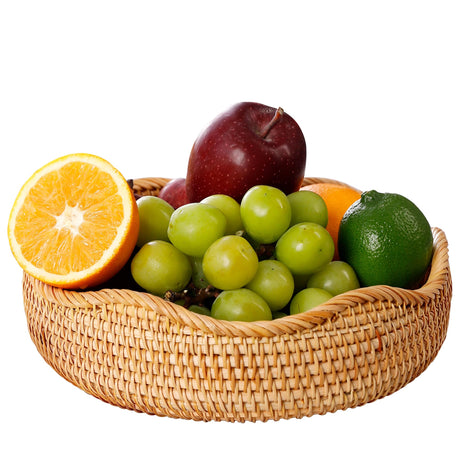 AMIDECOR Rattan Woven Fruit Basket, Natural Round Bread Basket, Decorative Fruit Bowl for Kitchen Counter, Kitchen Storage Baskets for Vegetables, Eggs,Snacks AMIDECOR