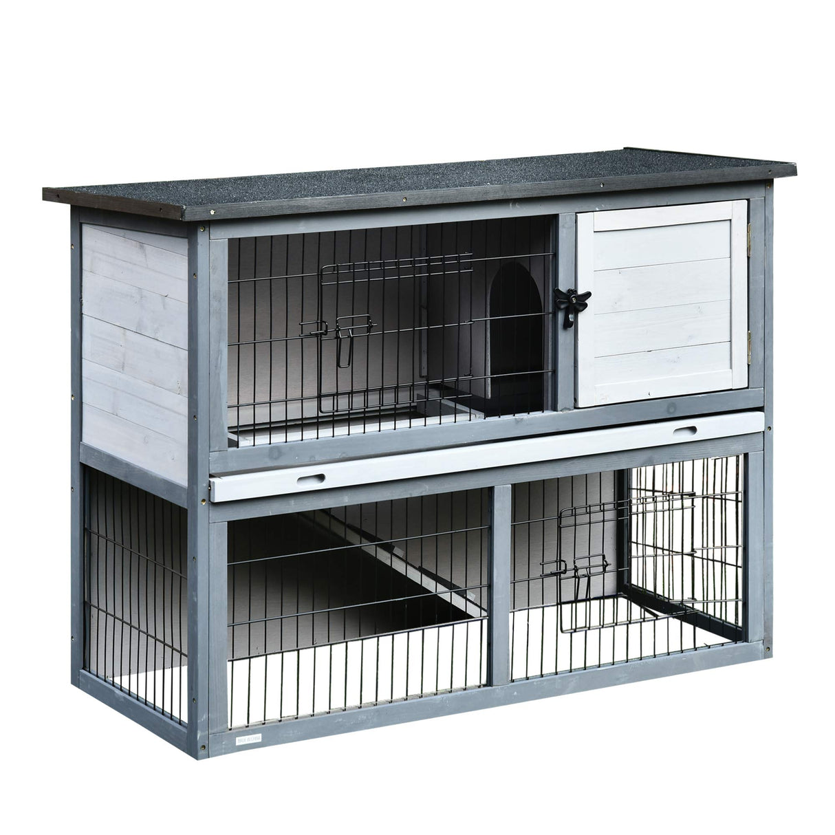 PawHut 43" L Wooden Rabbit Hutch Bunny Cage Small Animal House Enclosure with Ramp, Removable Tray and Weatherproof Roof for Outdoor, Grey PawHut