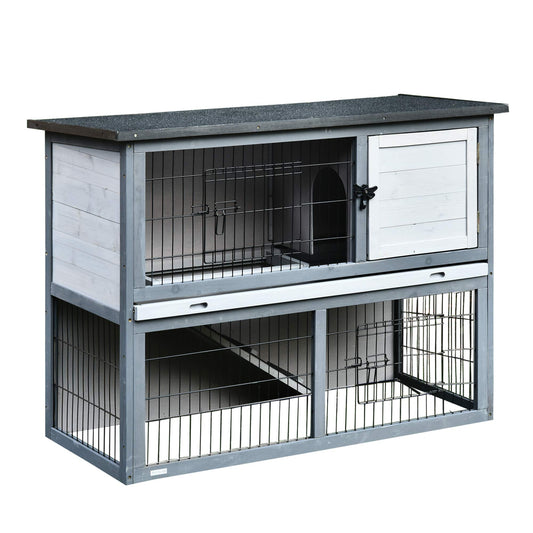 PawHut 43" L Wooden Rabbit Hutch Bunny Cage Small Animal House Enclosure with Ramp, Removable Tray and Weatherproof Roof for Outdoor, Grey - WoodArtSupply