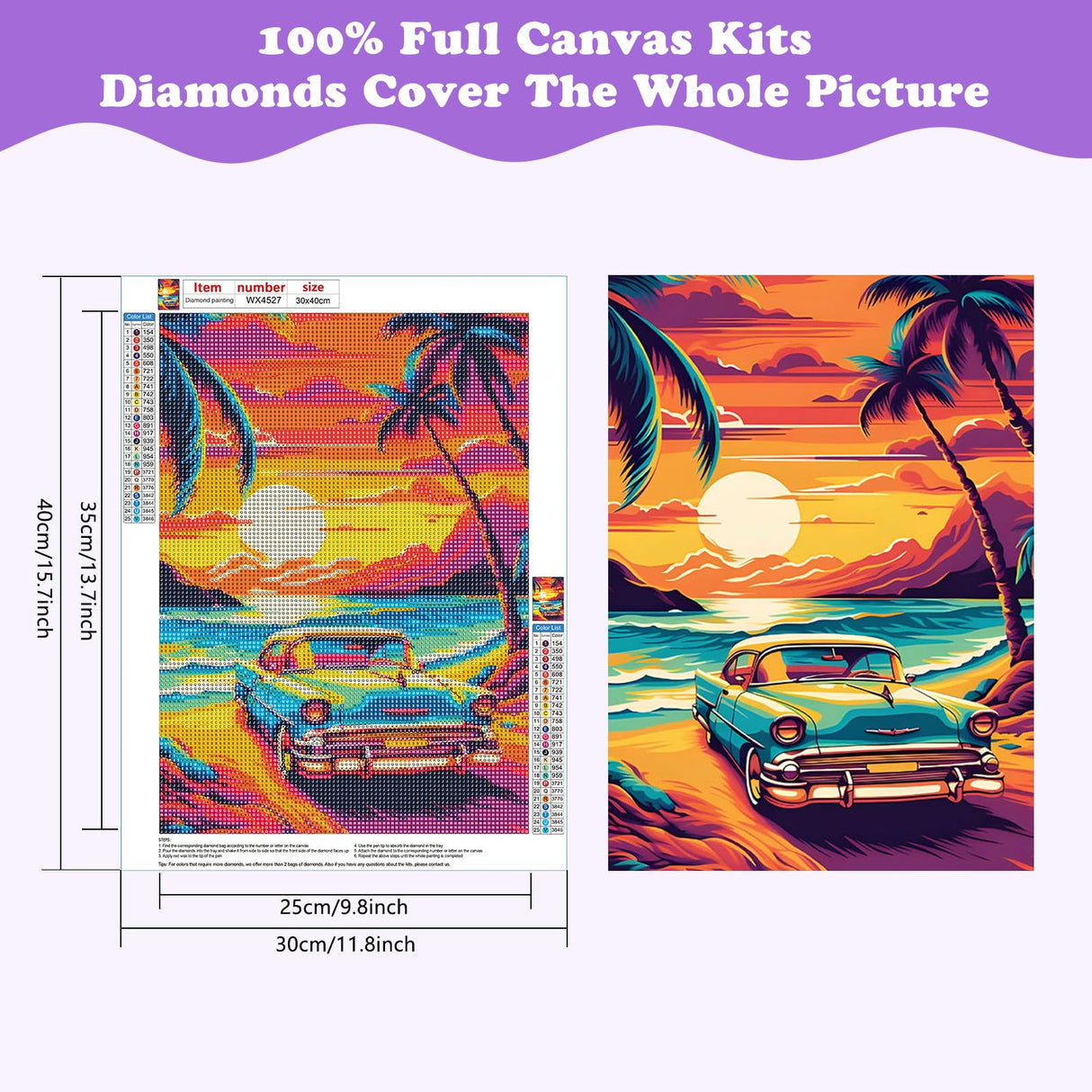 SENQAO Car Diamond Art Kits for Adults, 5D Coconut Tree Diamond Art Kits, Sunset Landscape Paint Round Full Drill DIY Diamond Art Kits for Home Wall Decor 11.8x15.7 inch SENQAO