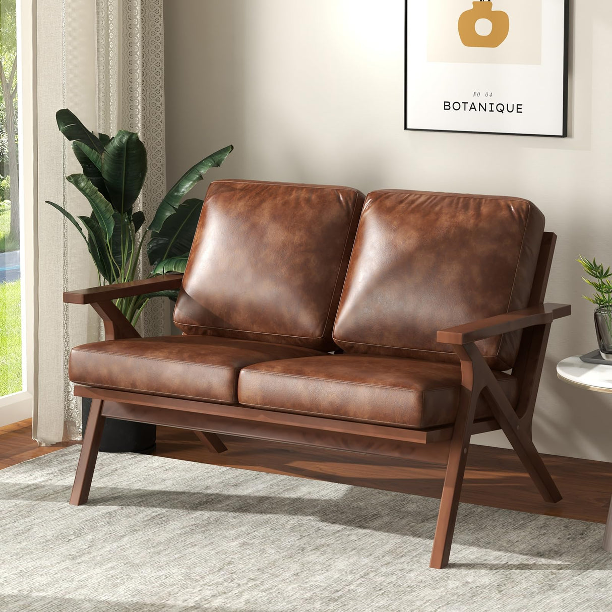 Bonzy Home 51.6" Loveseat Sofa Mid-Century Faux Leather Accent Chair, Upholstered 2-Seat Couch Loveseat with Solid Wood Frame and Cushions, Small Sofa Couch Armchair for Living Room, Bedroom,Brown Bonzy Home