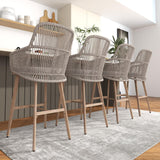 Patiorama Outdoor Bar Stools Set of 4, 46" Counter Height Bar Stools Chair w/Arm and Woven Rope Back, Rattan Bar Stool, Patio Metal Modern Wicker Bar Chairs for Kitchen Island,Pool, Wood Grain Finish Patiorama