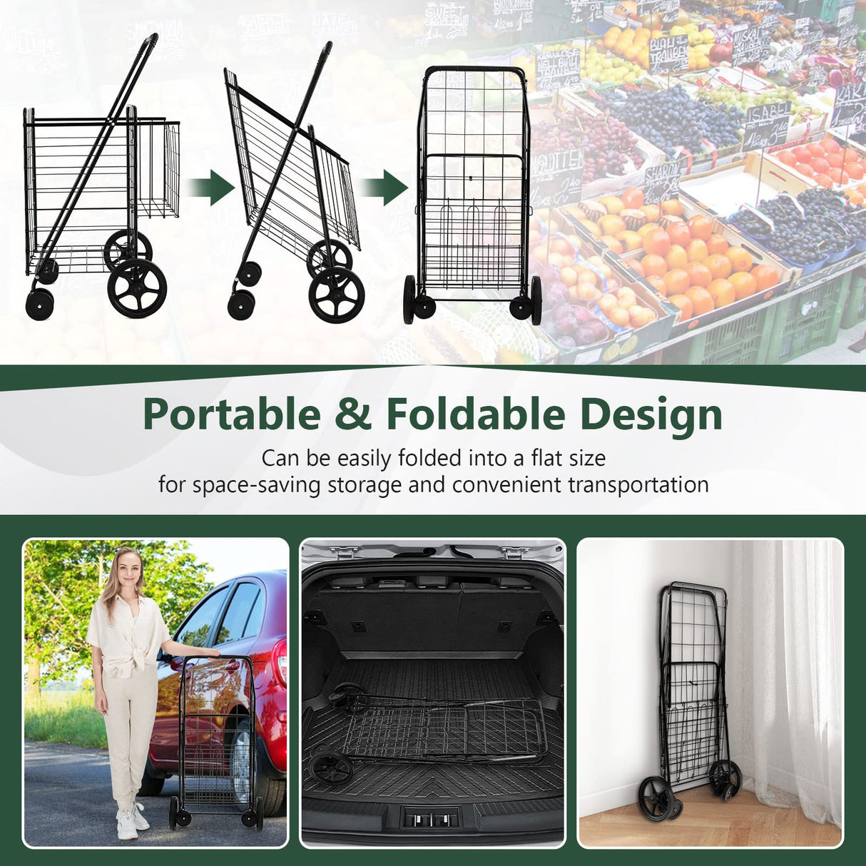 Goplus Jumbo Folding Shopping Cart with Rolling Swivel Wheels, Foldable Grocery Cart on Wheels with Double Basket, Heavy Duty Utility Cart, Shopping Carts for Groceries Laundry Book Luggage Travel Goplus