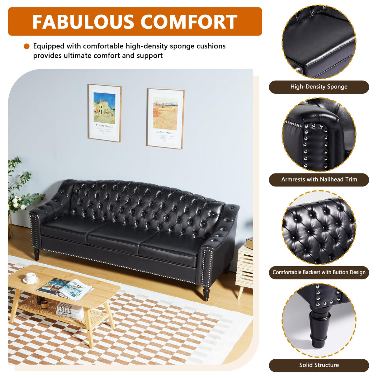 Chesterfield 3-Steater Sofa, 80" Comfy Leather Sofas Couch with Camelback for Living Room, Mid Century Modern 3 Deep Seats Couch for Apartment Bedroom, Office (PU-3-Steater Sofa, Black) SUJOUCRAFT