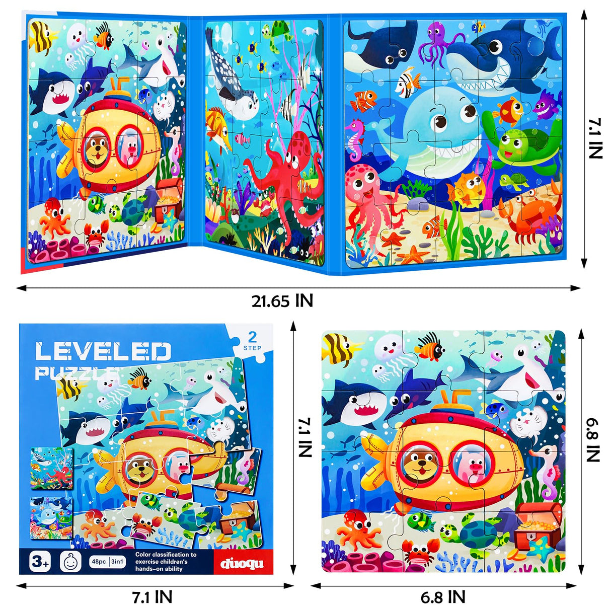 Magnetic Puzzles for Kids Ages 3-5, 3 in 1 Ocean World Toddlers Magnet Jigsaw Puzzle Book, Kids Travel Puzzles Toys, Preschool Learning Toy for Kids 3-8 Year (Ocean World) EREBADI