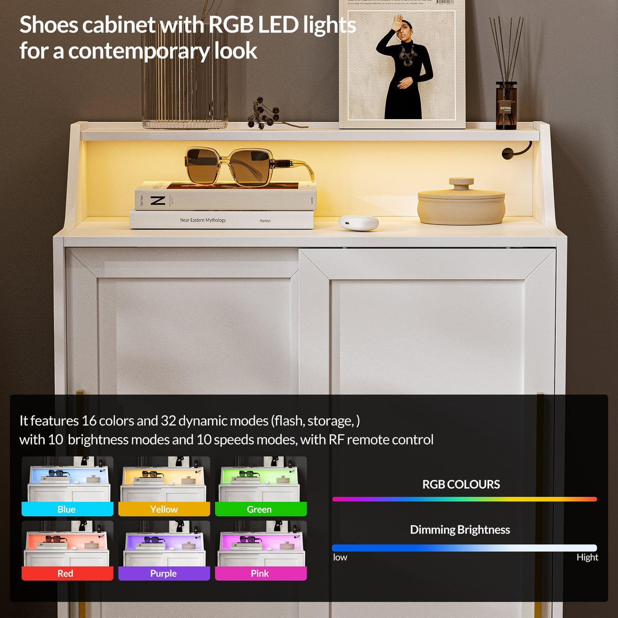 BELLEZE Storage Cabinet with LED Lighting, Sideboard with Sliding Doors and Adjustable Shelves, Entryway Shoe Rack, Accent Cabinet for Living Room and Bathroom - Dana (White) BELLEZE