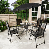 PUKAMI 6 Piece Folding Patio Dining Set with Umbrella, Outdoor Table and Chair with 4 Dining Chairs and Round Glass Table for Garden, Backyard and Deck, Black PUKAMI