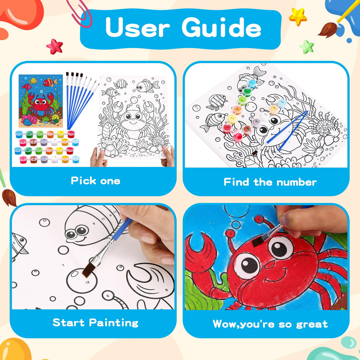 4 Pack Paint by Numbers for Kids Ages 6-8 8-12, Pre-Drawn Canvas Painting Kit with 12 Acrylic Paints & 8 Brushes, DIY Canvas Art Kits for Kids Painting Activities, Classroom Crafts, Wall Decor MGparty