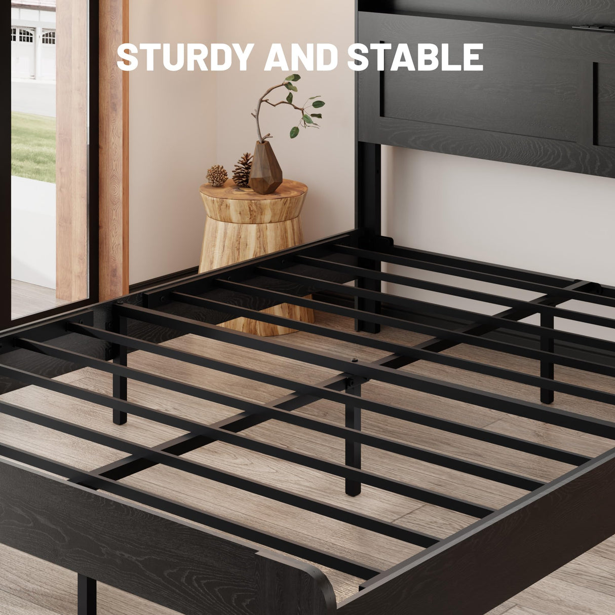 madeslves Wooden Bed Frame King Size with Storage Headboard, Rustic Platform Bedframe with LED Lights & Charging Station, Sturdy Metal Slats Support, Noise-Free, No Box Spring Needed, Black madeslves