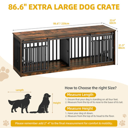 DWVO 86.6" Double Dog Crate Furniture for 2 Large Dogs, Heavy Duty Metal Dual Dog Kennel TV Stand Sliding Doors, Wooden Two Dog Cage Table with Dog Bowl for Extra Large Dogs, Rustic Brown