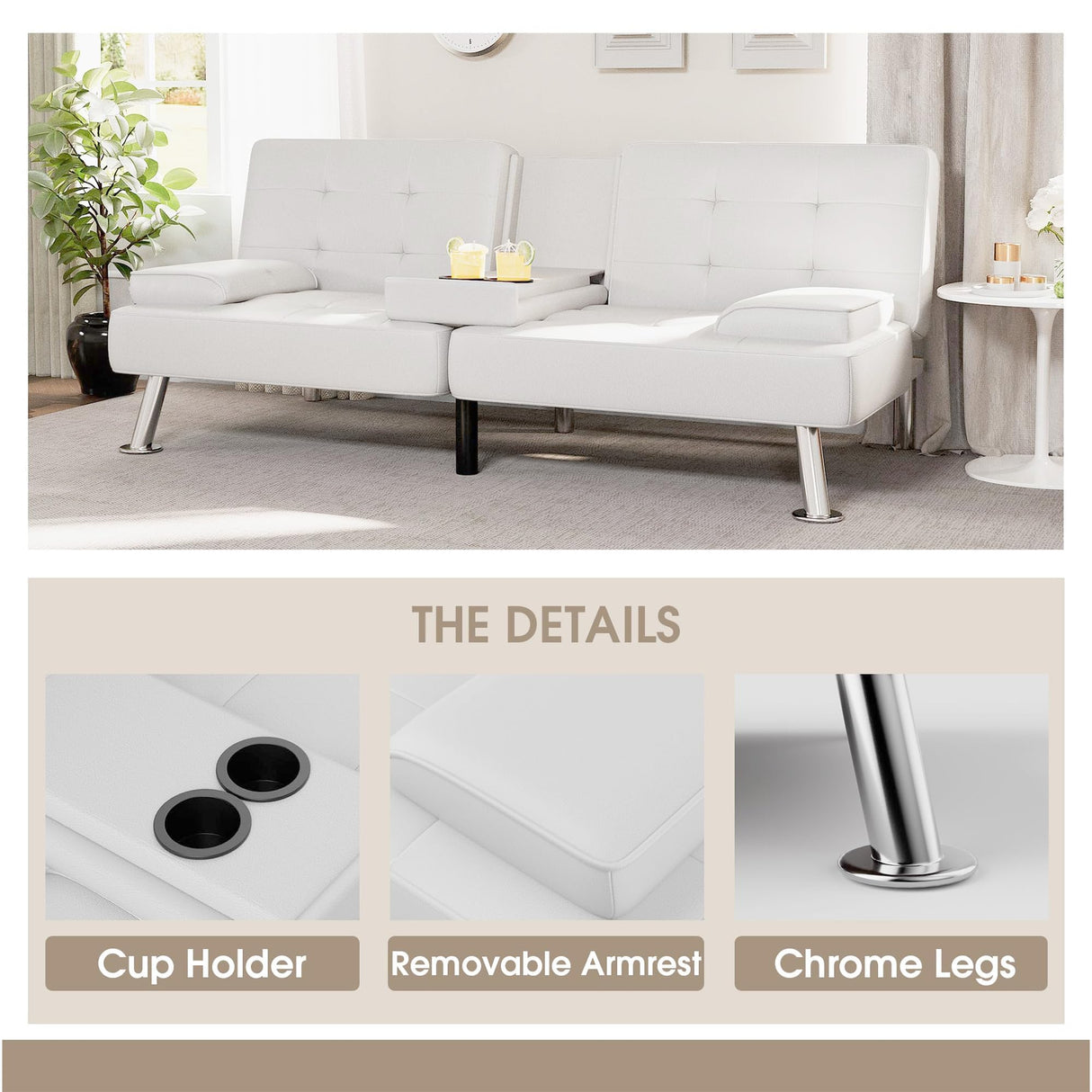 Flamaker Futon Sofa Bed Modern Folding Futon Set PU Leather Convertible Recliner Lounge for Living Room with 2 Cup Holders, Removable Armrests (PU Leather, White) Flamaker