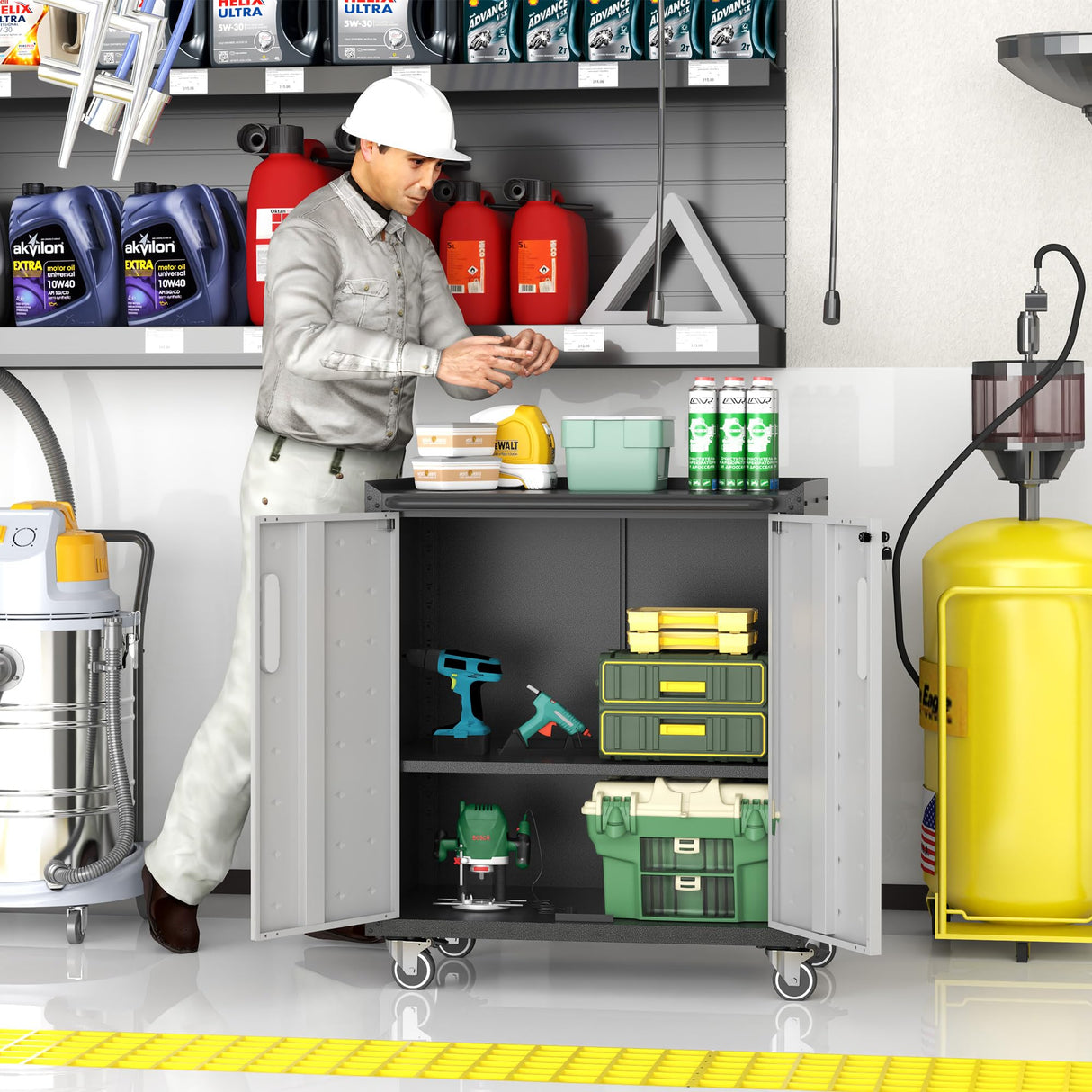 BIZOEIRON Metal Storage Cabinet with Wheels, Rolling Tool Cabinet with Adjustable Shelve, Locking Garage Storage Cabinet with 2 Doors for Tools, Assembly Required (Black/Grey) BIZOEIRON