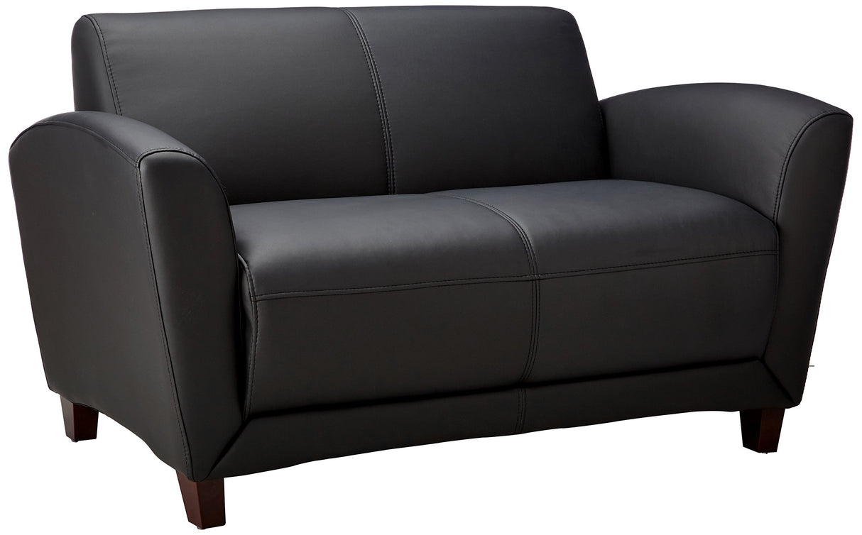 Lorell Accession Reception Loveseat, 55" x 22" x 31.25", Black Bonded Leather with Mahogany Legs Lorell