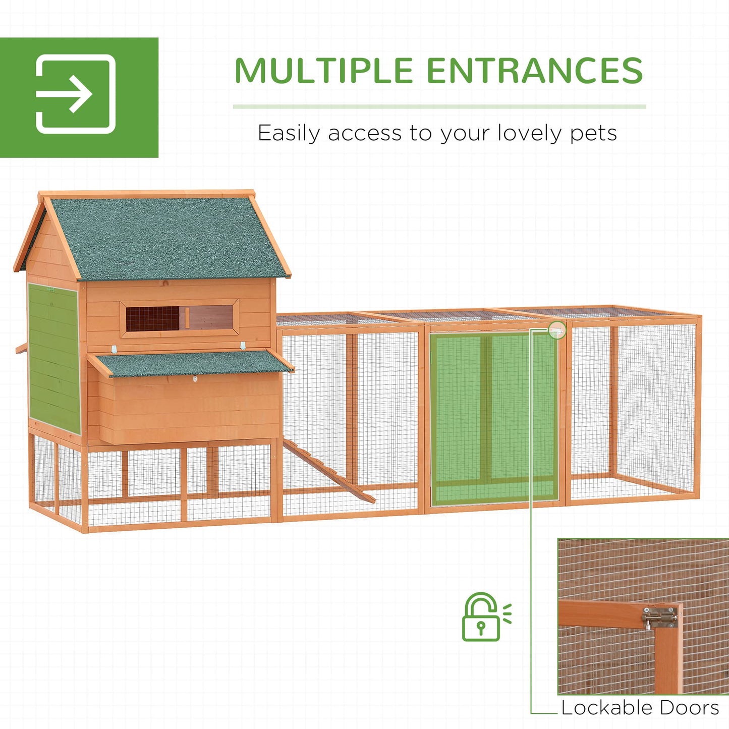 PawHut 137" Chicken Coop for 8-10 Chickens, Large Chicken House, Wooden Poultry Hen Cage with Nesting Box and Run for Backyard, Orange - WoodArtSupply